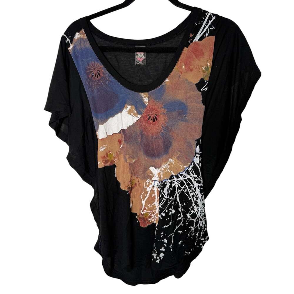 Free People S Black Abstract Floral Bat Sleeve Tunic Top Boho Artsy Y2K Ruched
